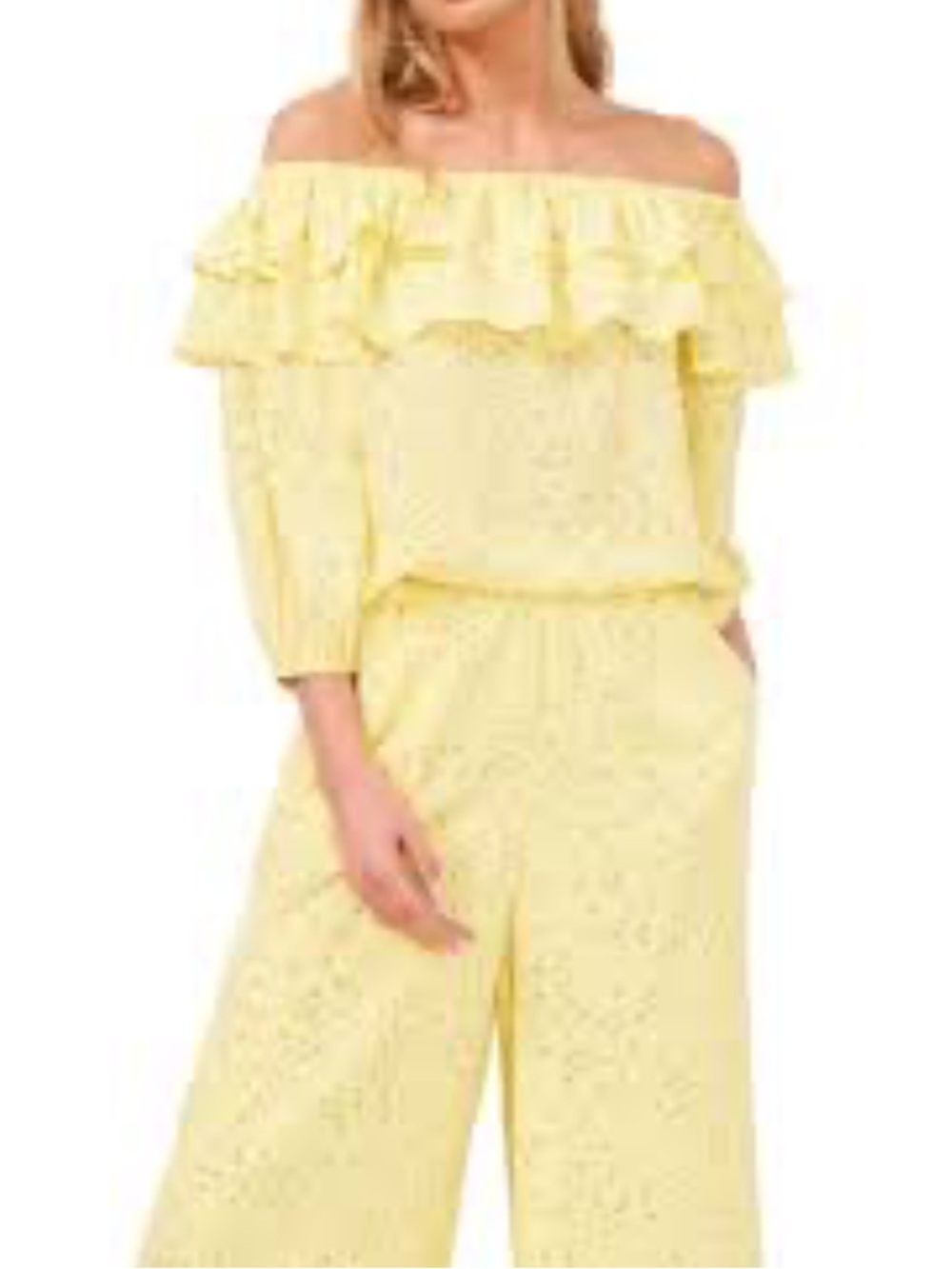 Riley & Rae Yellow Off-Shoulder Eyelet Jumpsuit small/medium READ description